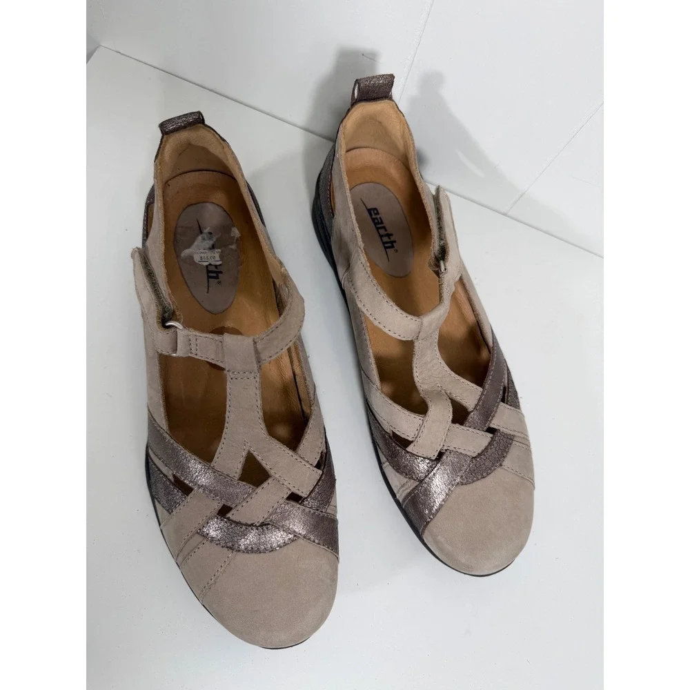 Earth Ocelot Taupe Metallic Bronze Leather Comfort Mary Jane Flats Shoes 8